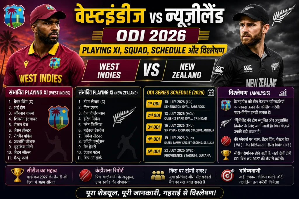 वेस्टइंडीज vs न्यूजीलैंड ODI 2026: Playing XI Guide
