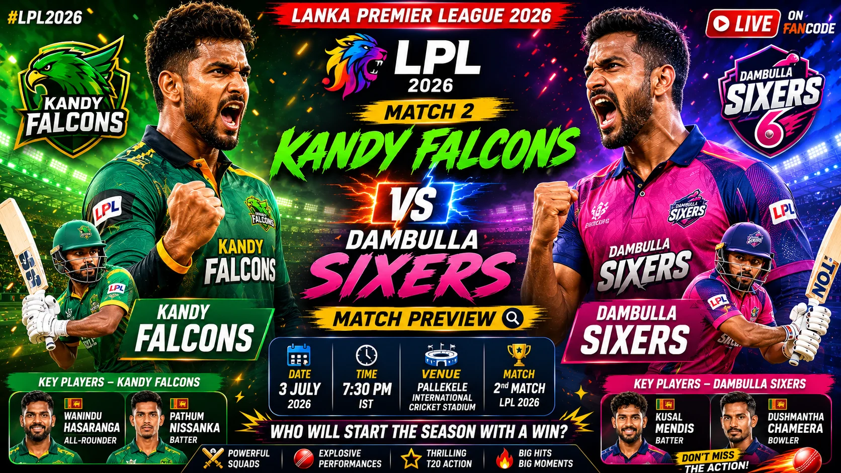 Home 34 Kandy Falcons vs Dambulla Sixers: LPL 2026 Match 2 Preview