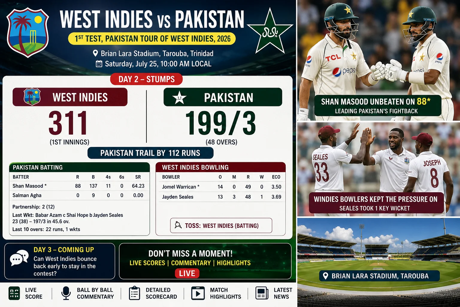 West Indies vs Pakistan 1st Test 2026 Live Score