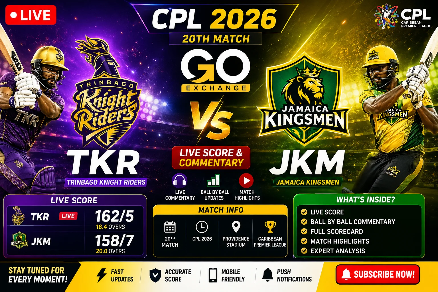 TKR vs JKM Live Score & Commentary CPL 2026